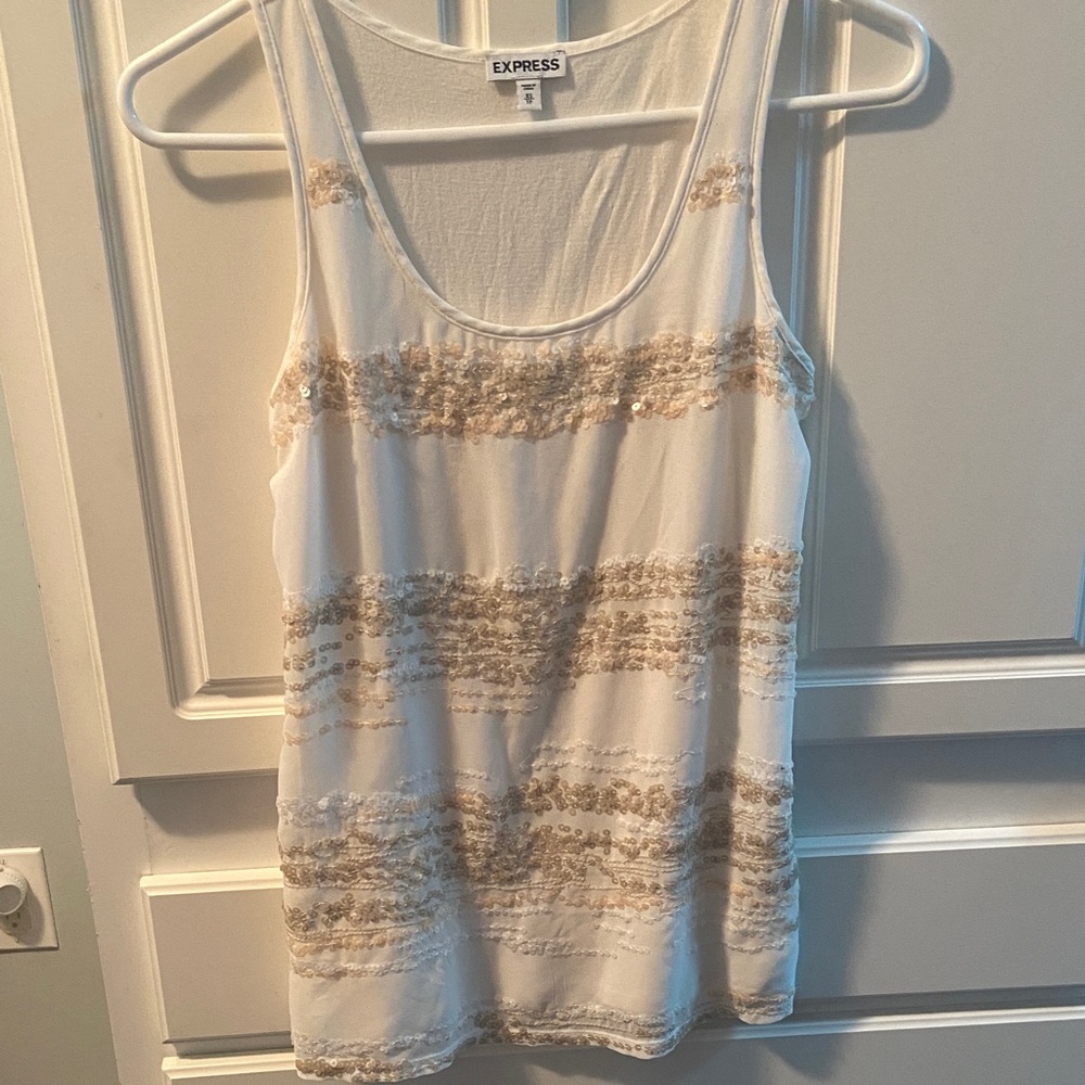 Express Ivory Tank Top with Gold Sequin Stripe Accents